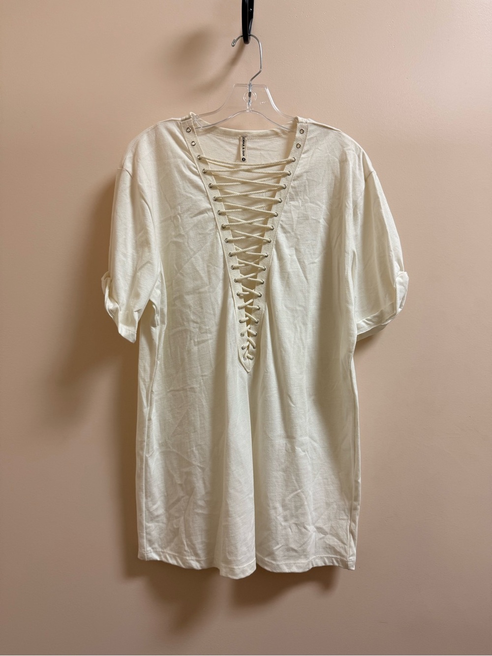 Emma & Sam Cream Lace-Up V-Neck Short Sleeve Top